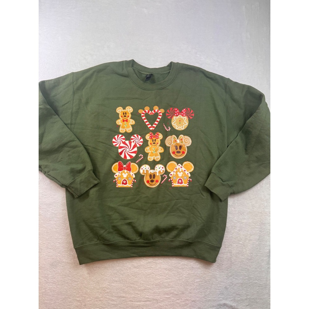 Gildan Disney Gingerbread Mickey Minnie Christmas Sweatshirt Green Womens Large